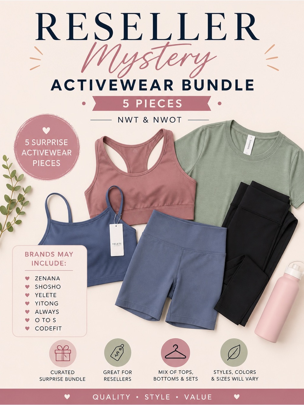 Reseller Mystery Bundle 5 Activewear Items Zenana Shosho Leggings Tops NWT NWOT